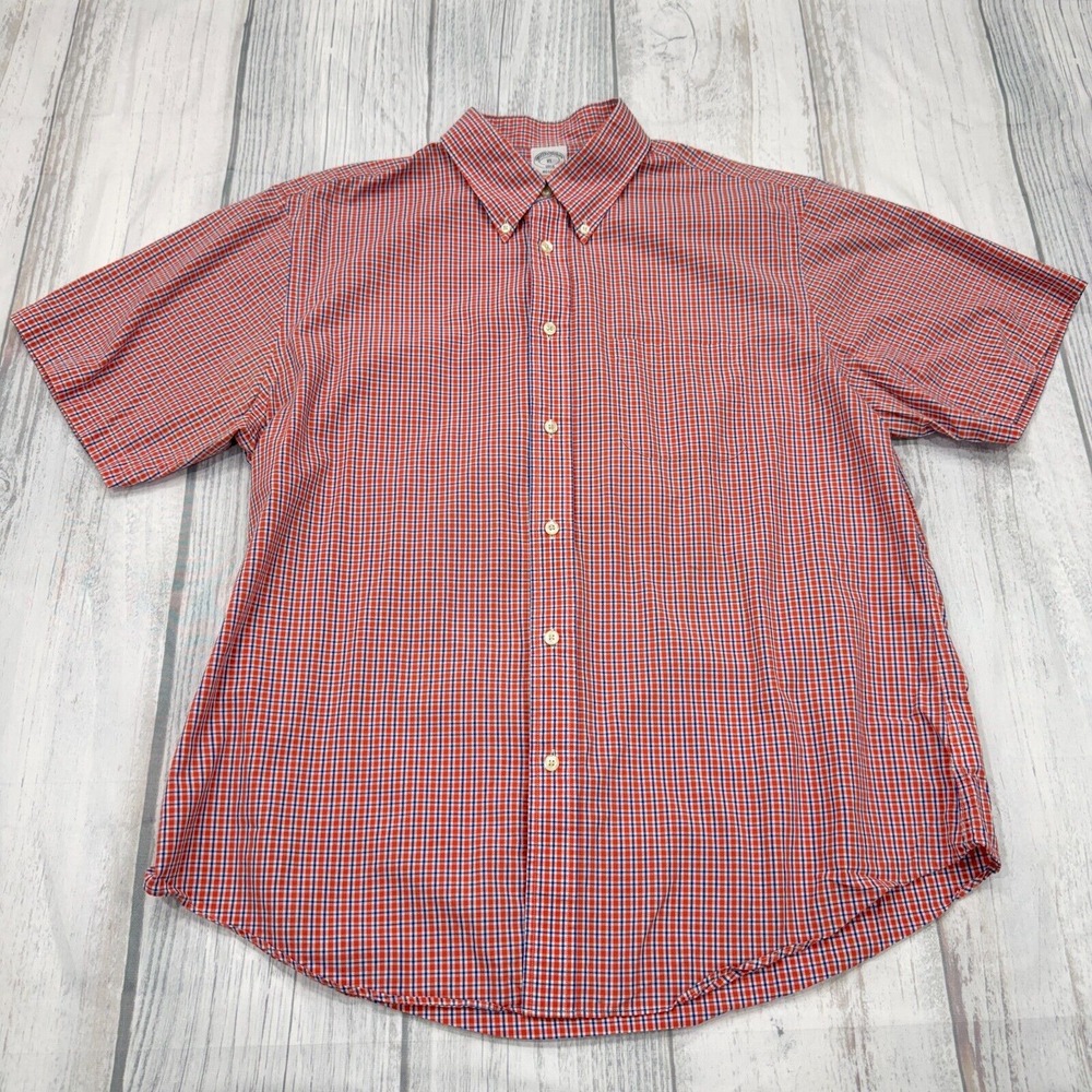 Brooks Brothers Regent Short Sleeve Button Shirt XL Orange Plaid Casual Mens